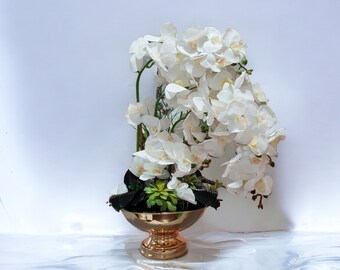 L White orchid centerpiece arrangement, 5 stems orchids and   arrangement personalized in metal gold or silver bowl Real touch orchid