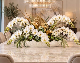 Luxury White Real Touch Orchid Arrangement, 42 Inch Wide Floral Centerpiece, Elegant White Oval Bowl, Gold Accents, Luxury Dining Table Deco