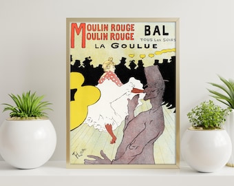 Könnte beinhalten: Gerahmtes Vintage-Poster für das Moulin Rouge, mit einer tanzenden Frau in einem weißen Kleid und einem Mann mit Zylinder. Das Poster hat einen goldenen Rahmen und den Text "Moulin Rouge Bal Tous Les Soirs La Goulue".