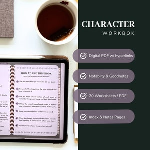 May include: A digital character workbook with a checklist of features, including a digital PDF with hyperlinks, Notability and Goodnotes compatibility, 20 worksheets in PDF format, and index and notes pages. The workbook is designed for character development.
