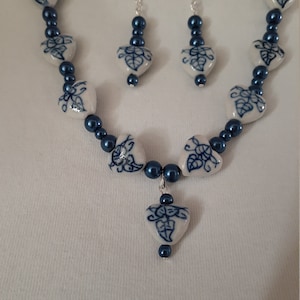 Blue & White Heart Throb Necklace and Earrings