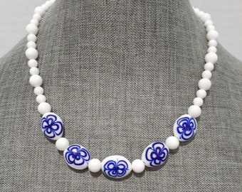 Blue on White Beaded Necklace