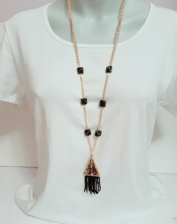 Tassel Necklace in Black and Gold | Etsy