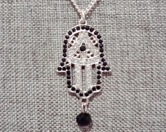 Hamsa Hand Necklace: Silver Rhinestone Pendant, Good Fortune Charm