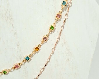 2 Strand Golden Chain & Jewel-tone Bead Necklace