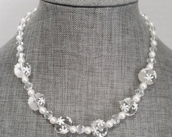 Clear Crystal and White Pearl Necklace