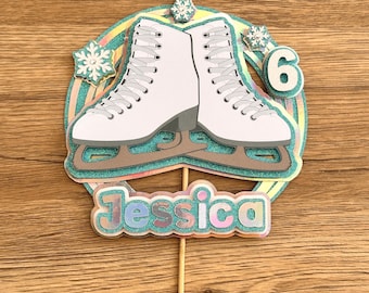 Adorno para tarta de patines de hielo personalizado, gran decoración para tarta de cumpleaños hecha a mano para patinadores artísticos sobre hielo, decoración de fiesta personalizada con nombre y edad.
