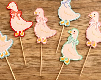 Goose Cupcake Toppers, Small Handmade Card Cake Decorations with Coloured Offset, Birthday Party Cake Decor, Pack of 6 or 12 Geese Toppers