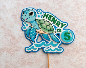 Adorno personalizado para tarta de tortuga, decoración hecha a mano con motivos de animales marinos para fiestas de cumpleaños infantiles con nombre y edad.