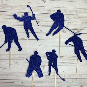 Ice Hockey Cupcake Toppers, Handmade Ice Hockey Player Skater Small Cake Decorations, Coloured Glitter Ice Skating Party Cupcake Toppers