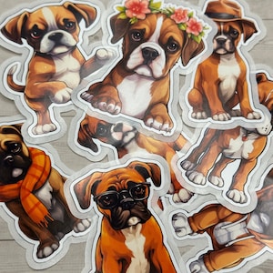 Boxer Dog Stickers, Set of 8 Different Cartoon Boxer Stickers Easy Peel Glossy Vinyl or Paper Decals for Notebooks, Planners etc