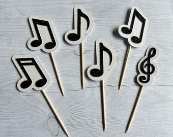 Glitter Music Note Cupcake Toppers: Handmade Musical Themed Party Cake Decorations, 6 or 12