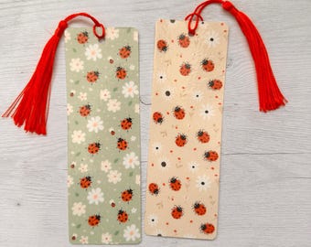 Ladybird Bookmark, Handmade Laminated Card Page Marker with Ladybugs and Flowers Pattern,  Red Tassel, Gift for Book Lover, Nature Fan