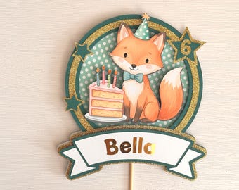 Personalised Fox Cake Topper, Handmade Animal Themed Birthday Party Decoration for Kids with Name and Age, Large Round Centre Piece