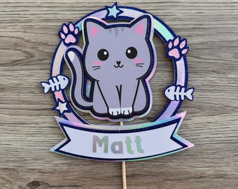 Adorno para tarta de gato personalizado, grande, redondo, hecho a mano, con gatito gris, ideal para fiestas de mascotas.