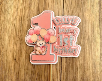 Adorno personalizado para tarta de primer cumpleaños de niña con osito de peluche y globos, decoración de fiesta en rosa y plateado para el primer cumpleaños de la niña pequeña.