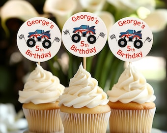Adornos personalizados para cupcakes de cumpleaños con temática de Monster Truck: Decoraciones para fiestas infantiles