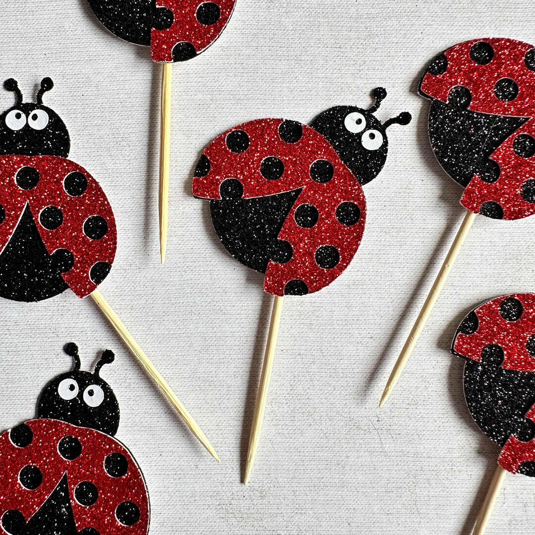 Ladybird Cupcake Toppers, Handmade Glitter Ladybug Cake Toppers, Red &amp; Black Sparkly Birthday ...