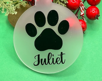 Personalised Paw Print Christmas Ornament, Clear or Frosted Round Acrylic Flat Bauble with Red & White Twine, Gift for Dog or Cat Lover