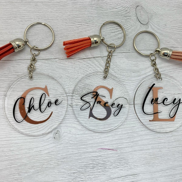 Personalised Keyring, Customised Keychain with Name and Initial, Gold, Rose Gold or Silver and Black, Round Acrylic Keyring with Tassel