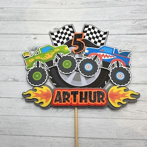 Monster Truck Cake Topper, Handmade Personalised Birthday Cake Decoration with Vehicles and Racing Flags, Party Supplies for Boys afbeelding 1