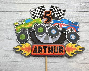 Adorno para pastel de Monster Truck, decoración personalizada hecha a mano para pastel de cumpleaños con vehículos y banderas de carreras, artículos para fiestas de niños.
