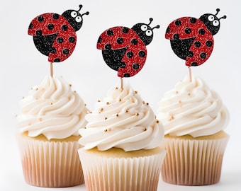 Adornos de mariquitas brillantes para cupcakes, decoraciones hechas a mano para fiestas de cumpleaños con forma de mariquita para pasteles pequeños, 6 o 12