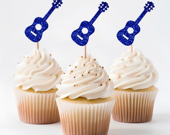 Glitter Guitar Cupcake Toppers, Musical Instrument Themed Party Cake Decorations, 6 or 12 Pack