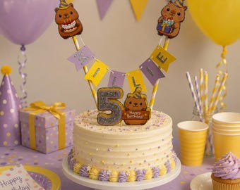 Personalised Capybara Birthday Cake Topper, Animal Themed Banner Style Party Cake Decoration with Name and Age, Lilac and Yellow