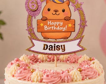 Adorno personalizado para tarta de capibara, decoración redonda grande hecha a mano para cumpleaños con un simpático roedor, purpurina lila y dorada, decoración para fiestas de amantes de los animales.