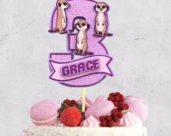 Adorno para tarta de suricata personalizado, decoración de fiesta con forma de número con 3 suricatas, decoración de cumpleaños con capas de purpurina para niños