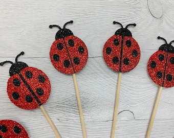 Glitter Ladybird Cupcake Toppers, Handmade Sparkly Ladybug Cake Decorations in Red and Black, Birthday Cake Party Decor, Pack of 6 or 12