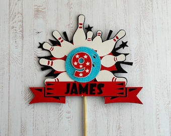 Adorno personalizado para tarta de bolos, decoración para tarta de fiesta temática de bolos, adorno para tarta infantil de tarjeta hecho a mano con nombre y edad, bolo de diez pines.
