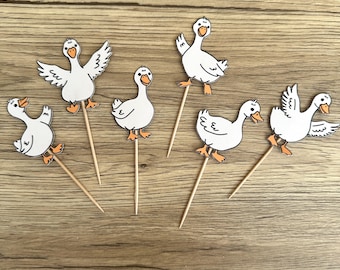 Adornos artesanales de gansos graciosos para cupcakes, decoraciones de gansos para fiestas de pasteles pequeños, decoración para fiestas de cumpleaños para niños o adultos, paquete de 6 o 12 unidades.