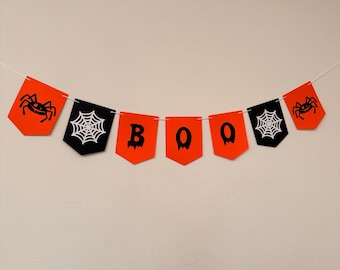 Halloween Boo Garland with Glitter Spiders and Webs, Small Handmade Spooky Banner, Black & Orange Layered Card, Party Wall Decoration