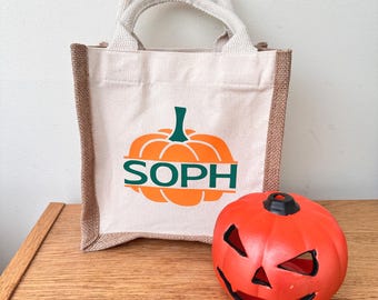 Bolso de calabaza personalizado, pequeño bolso de yute y algodón con temática de Halloween para pedir dulces, regalo con temática otoñal con nombre