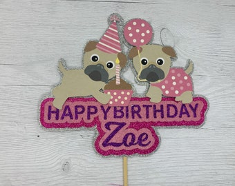 Pug Birthday Cake Topper, Handmade Personalised Party Cake Decoration with Party Pugs, Glitter Pink or Blue Cake Topper for Pug Dog Lovers
