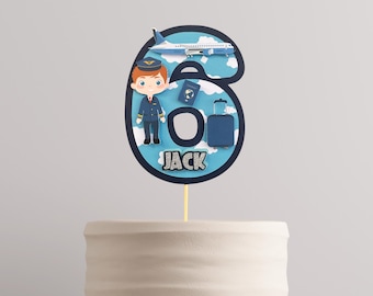 Personalised Pilot Cake Topper, Aeroplane Captain Birthday Decoration, Aviation, Jet Plane, Cabin Crew Themed Party Decor Item for Kids