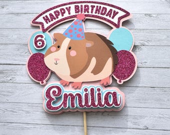 Personalised Guinea Pig Cake Topper, Handmade Pet Animal Birthday Party Decoration with Glitter Name