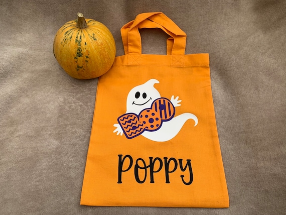 Personalised Kids Halloween Bags, Cotton Trick or Treat Goodie Bags for Children, Mini Tote Bags for Halloween Night, Choice of Designs