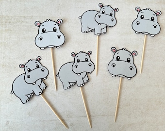 Adornos para cupcakes de hipopótamo, decoraciones para fiestas de cumpleaños hechas a mano, decoración para tartas con temática animal, 6 o 12 unidades