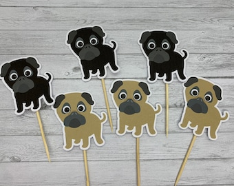 Adornos para cupcakes de carlino, decoraciones hechas a mano de carlino color beige o negro para pasteles pequeños, decoración para fiestas de amantes de los perros, paquete de 6 o 12 unidades, tema de mascotas adorables