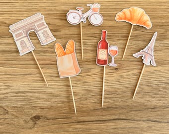Paris France Cupcake Toppers, Handmade French Themed Decorations for Small Cakes, European City  Party Decor, 6 or 12 Pack