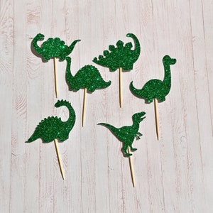 Glitter Dinosaur Cupcake Toppers, Party Decorations for Birthday Cakes, 6 or 12 Pack Prehistoric Silhouettes