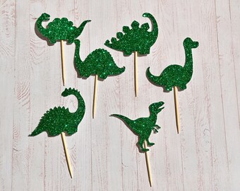 Glitter Dinosaur Cupcake Toppers, Party Decorations for Birthday Cakes, 6 or 12 Pack Prehistoric Silhouettes