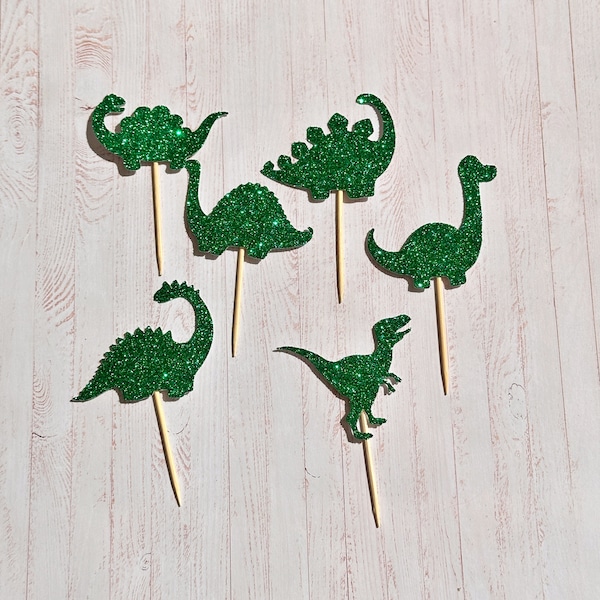 Glitter Dinosaur Cupcake Toppers, Party Decorations for Birthday Cakes, 6 or 12 Pack Prehistoric Silhouettes