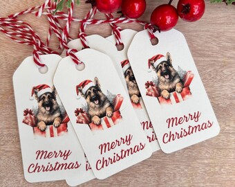 Christmas German Shepherd Gift Tags, Handmade Labels for Presents with a German Shepherd Graphic and Red & White Twine, Pack of 6 or 12 Tags