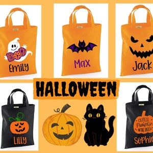 Bolsas de Halloween personalizadas para niños, bolsas de algodón para regalar dulces o trucos para niños, minibolsitas para la noche de Halloween, diseños a elegir imagen 10