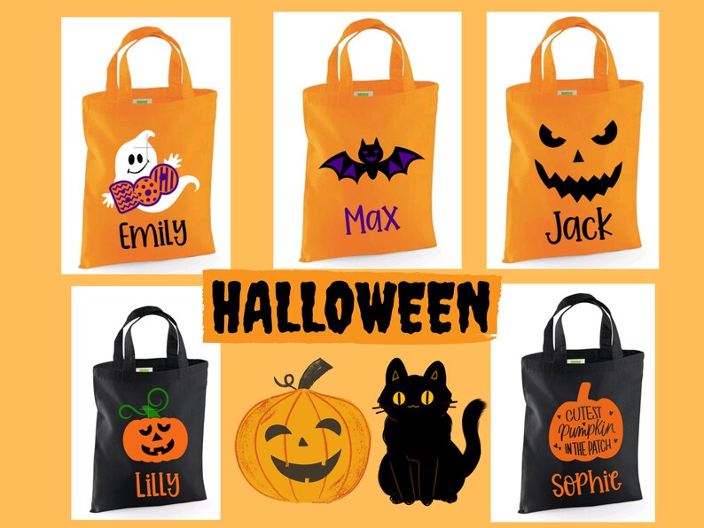 Bolsas de Halloween personalizadas para niños, bolsas de algodón para regalar dulces o trucos para niños, minibolsitas para la noche de Halloween, diseños a elegir imagen 10
