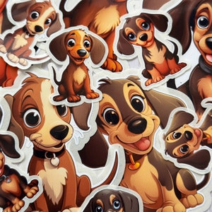 Dachshund Stickers, Set of 12 Cartoon Dog Stickers, Easy Peel Glossy Vinyl or Paper Decals for Notebooks, Planners etc, 6 Large & 6 Small